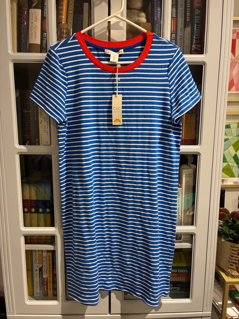 C&C California Blue & White Striped Tee Dress with Red Crew Neck